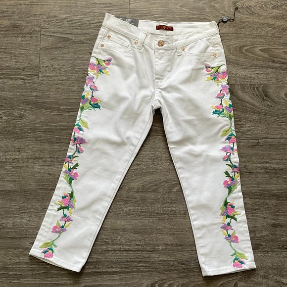 New 7 For All Mankind Embroidered Cropped Skinny Jeans White‎ Size 12 Girls - Picture 1 of 7